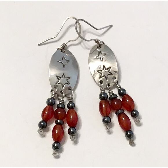 925 Sterling Silver Carnelian & Hematite Earrings Mystical - 3” - Picture 1 of 2